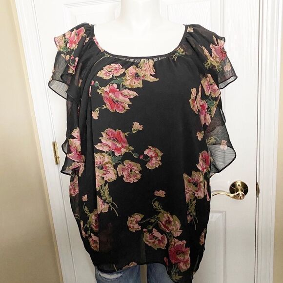 WD NY 3X Sheer Romantic Floral Flutter Sleeve Top - Picture 1 of 8